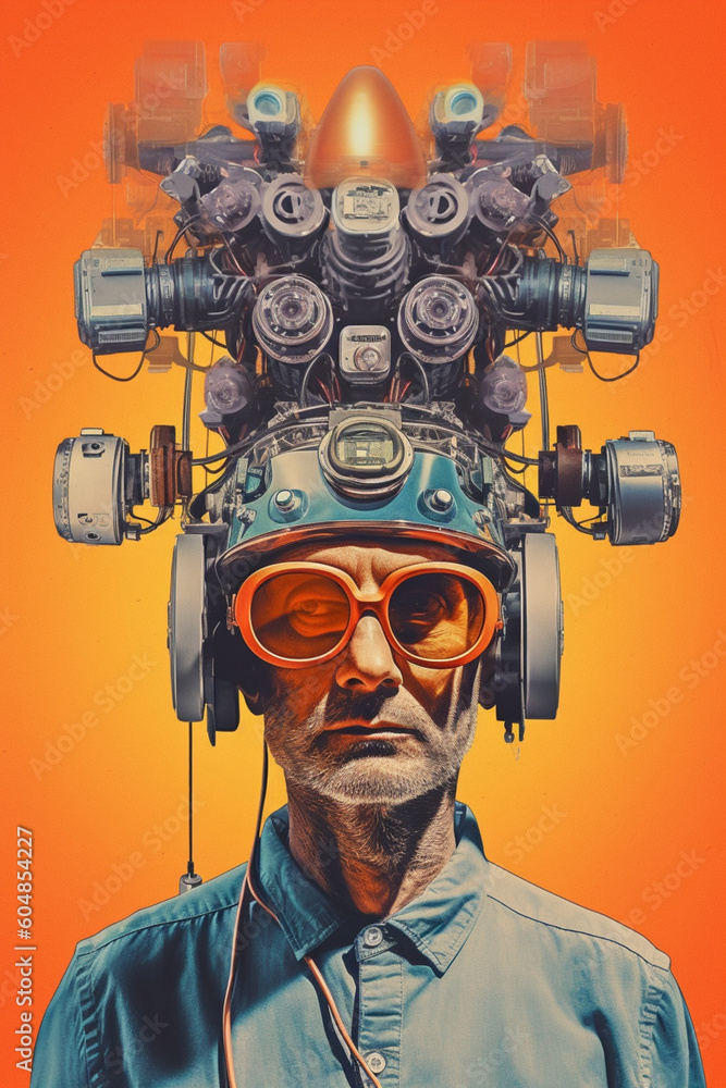 movie poster, absurdist sci-fi adventure, a schoolteacher wears a strange futuristic device on his head made from repurposed tech that allows him access to the collective consciousness movie poster, absurdist sci-fi adventure, a schoolteacher wears a strange futuristic device on his head made from repurposed tech that allows him access to the collective consciousness
