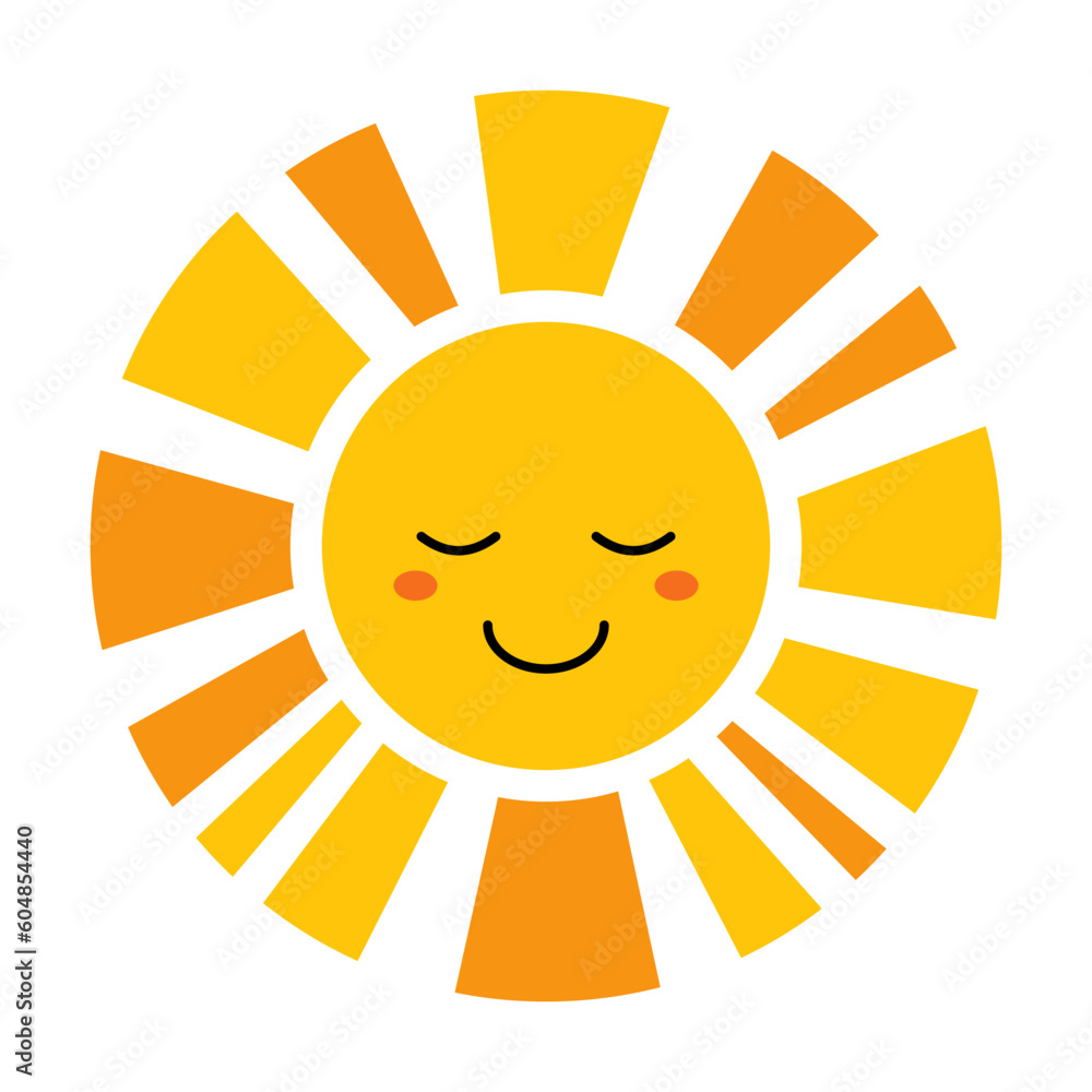 Vector smiling sun in flat design. Positive illustration of sleeping sun with face. Childish cute sunshine emoji. Kawaii sun with sunbeams. Baby sunshine with blush. Vector smiling sun in flat design. Positive illustration of sleeping sun with face. Childish cute sunshine emoji. Kawaii sun with sunbeams. Baby sunshine with blush.