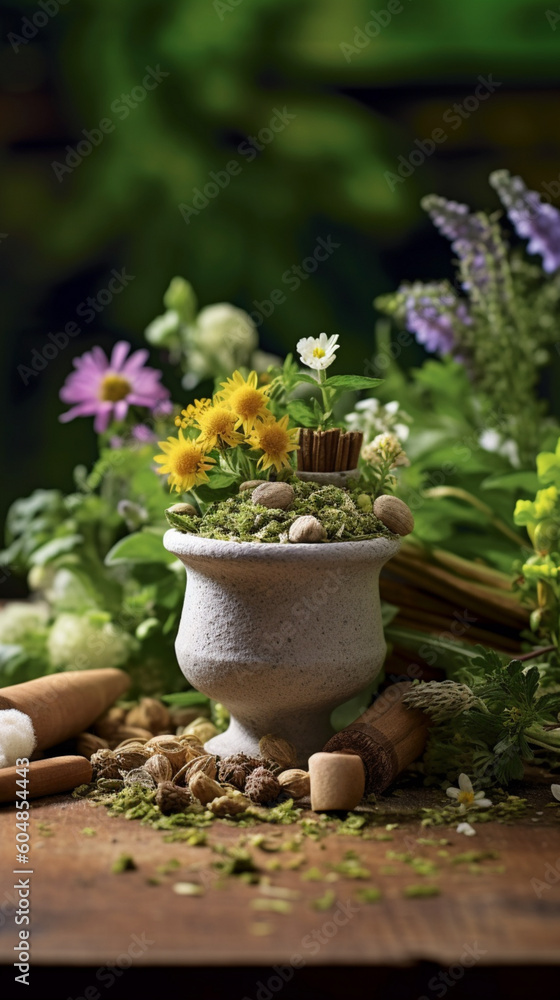 Commercial photography of a mortar with plants and seeds and flowers in the middle wooden table, shot on 35mm lens Commercial photography of a mortar with plants and seeds and flowers in the middle wooden table, shot on 35mm lens