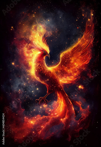 Burning bird phoenix on black background. AI generated