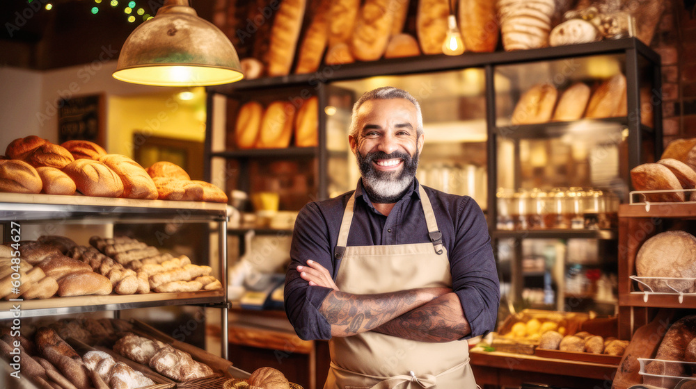 Meet the happy baker, standing proudly in his bakery. Arms crossed, a smile shines on his face, with his creations lining the shelves behind him. Generative AI
