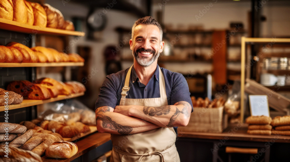 Meet the happy baker, standing proudly in his bakery. Arms crossed, a smile shines on his face, with his creations lining the shelves behind him. Generative AI Meet the happy baker, standing proudly in his bakery. Arms crossed, a smile shines on his face, with his creations lining the shelves behind him. Generative AI