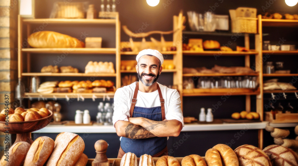 Meet the happy baker, standing proudly in his bakery. Arms crossed, a