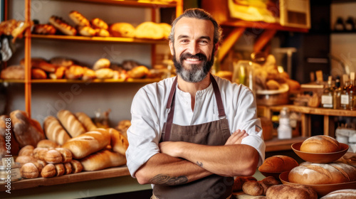 Meet the happy baker, standing proudly in his bakery. Arms crossed, a smile shines on his face, with his creations lining the shelves behind him. Generative AI