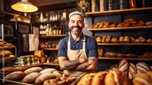 Meet the happy baker, standing proudly in his bakery. Arms crossed, a smile shines on his face, with his creations lining the shelves behind him. Generative AI