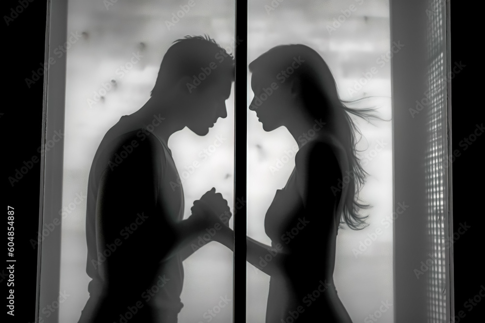 silhouettes loving couple at the window in the building, photorealistic, made with Generative AI
