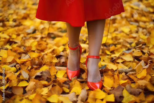 red women's shoes on a background of orange autumn leaves, AI