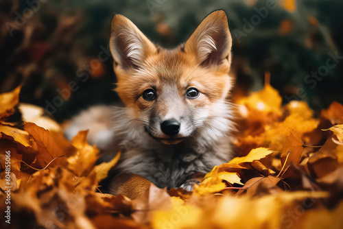 red fox runs through the orange autumn leaves in forest, AI