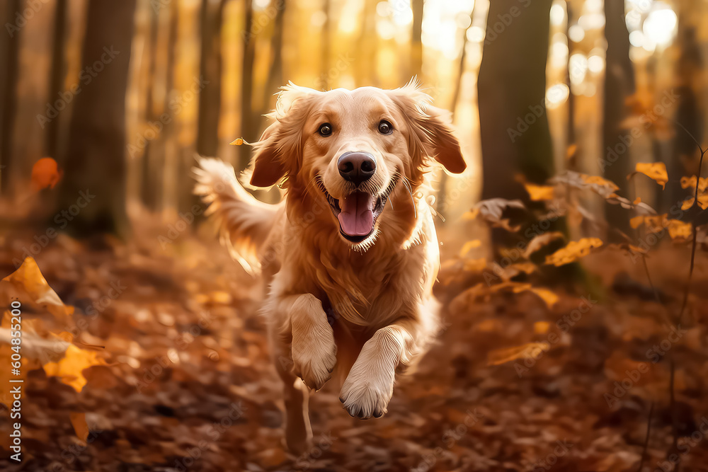 Happy dog running in the autumn forest. AI