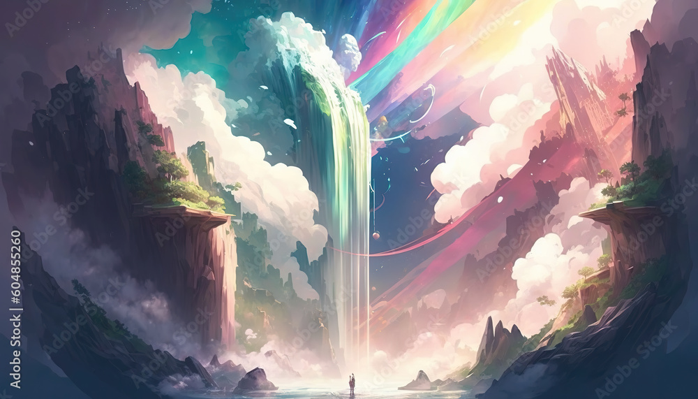 a colored fairytale inspired waterfall in an anime artwork, generative ai technology - obrazy, fototapety, plakaty 