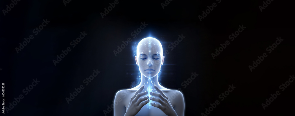 An isolated female artificial intelligence robot is portrayed against a black background, embodying the futuristic essence of technology and innovation.Generative AI An isolated female artificial intelligence robot is portrayed against a black background, embodying the futuristic essence of technology and innovation.Generative AI