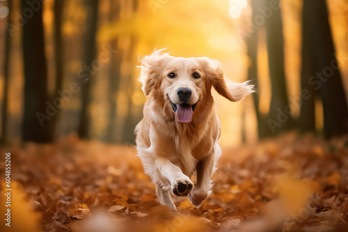 Happy dog running in the autumn forest. AI