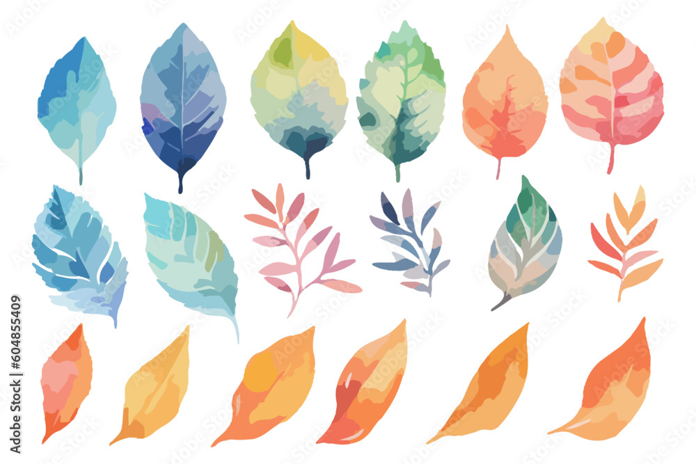 Set of floral elements. Flower and green leaves. Watercolor leaves Botanical collection. Watercolor floral colorful leaves Wedding concept. Vector arrangements for greeting card or invitation design. Set of floral elements. Flower and green leaves. Watercolor leaves Botanical collection. Watercolor floral colorful leaves Wedding concept. Vector arrangements for greeting card or invitation design.