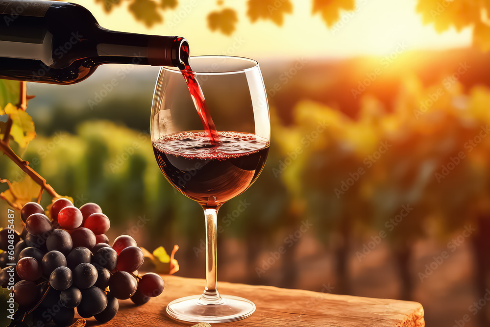 glass of wine with grapes on a sunny background. AI