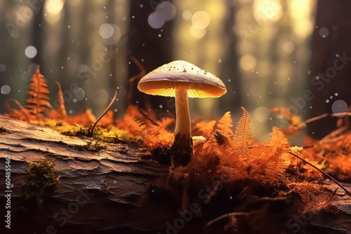 Mushroom on a background of red and yellow leaves. AI