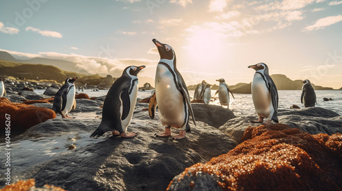 Three penguins walking on a rock photo