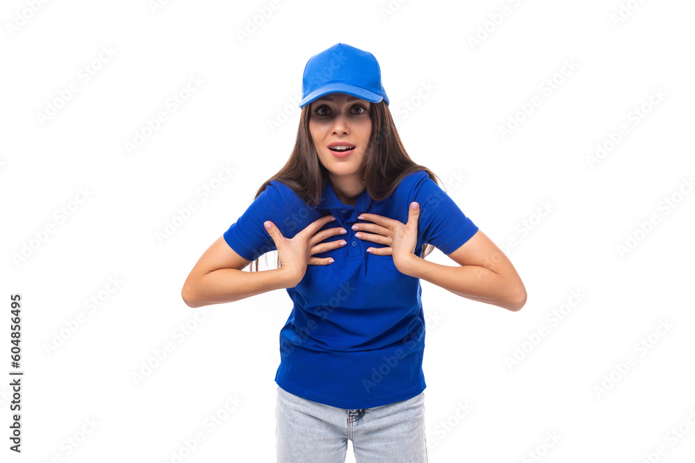 pretty young brunette woman in a blue cap and t-shirt with a printable logo mockup on a white background pretty young brunette woman in a blue cap and t-shirt with a printable logo mockup on a white background