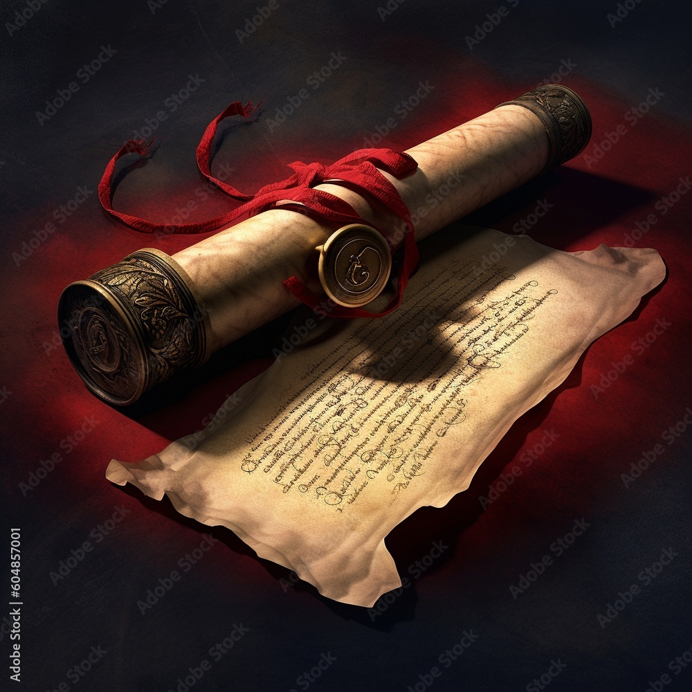 A scroll with a contract and a wax seal. High quality illustration Generative AI