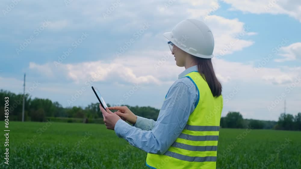 Environmental engineer woman uses project documents and files and collects effective information. Photovoltaic solar farm. Green energy. Wednesday. Green energy concept Environmental engineer woman uses project documents and files and collects effective information. Photovoltaic solar farm. Green energy. Wednesday. Green energy concept