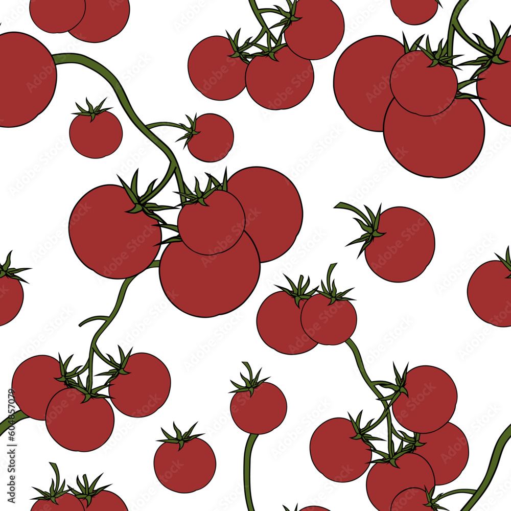 Sprigs of cherry tomatoes on a white background. Seamless background for fabrics, perfect for kitchen, vegan packaging, eco brand and kitchen textile. Simple flat style. Vector illustration. Sprigs of cherry tomatoes on a white background. Seamless background for fabrics, perfect for kitchen, vegan packaging, eco brand and kitchen textile. Simple flat style. Vector illustration.