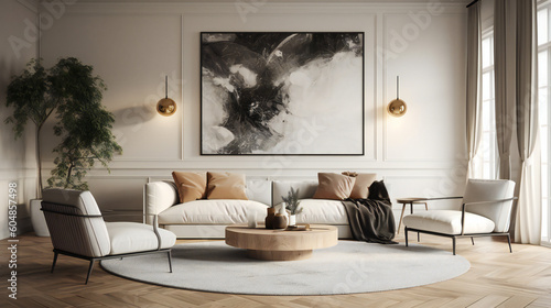 Stylish Living Room Interior with an Abstract Frame Poster, Modern interior design, 3D render, 3D illustration