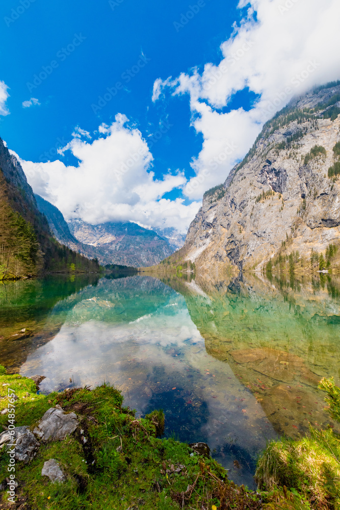 Mirror-smooth Obersee with reflections of the majestic mountain world (Berchtesgaden, Bavaria, Germany) 