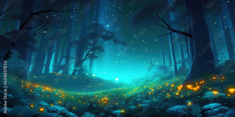 Forest meadow at night with blooming magic flowers, fireflies and silhouettes of trees, fantasy landscape
