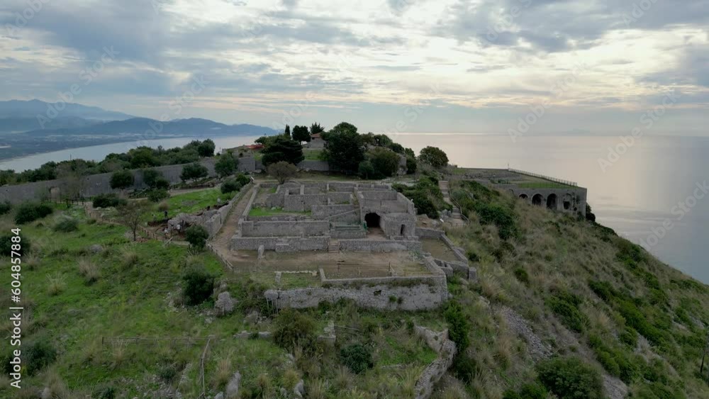 This aerial drone video shows the tempio di giove anxur in Terracina, Italy. The old temple is located on the mountain and has a beautiful view over the sea. This aerial drone video shows the tempio di giove anxur in Terracina, Italy. The old temple is located on the mountain and has a beautiful view over the sea.