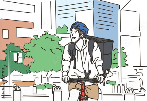 自転車でフードデリバリーをする男性配達員