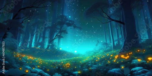 Forest meadow at night with blooming magic flowers, fireflies and silhouettes of trees, fantasy landscape
