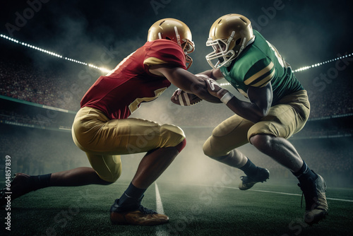 two american football players competing against each other on a football field.