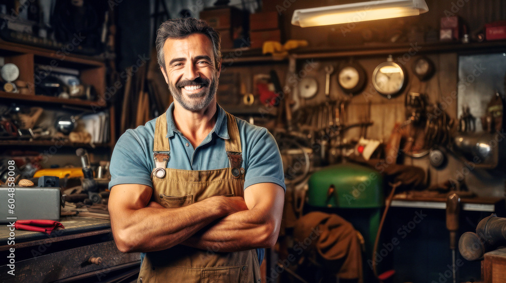 Handcraft, In his tool-filled garage, a joyous mechanic stands tall. His passion is mirrored in his smile, his hard work imprinted on his grease-marked uniform. Generative AI Handcraft, In his tool-filled garage, a joyous mechanic stands tall. His passion is mirrored in his smile, his hard work imprinted on his grease-marked uniform. Generative AI