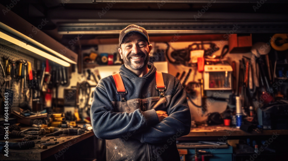 Handcraft, In his tool-filled garage, a joyous mechanic stands tall. His passion is mirrored in his smile, his hard work imprinted on his grease-marked uniform. Generative AI Handcraft, In his tool-filled garage, a joyous mechanic stands tall. His passion is mirrored in his smile, his hard work imprinted on his grease-marked uniform. Generative AI