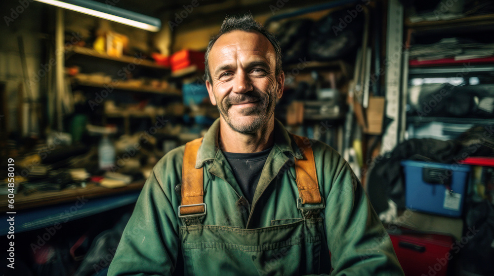 Handcraft, In his tool-filled garage, a joyous mechanic stands tall. His passion is mirrored in his smile, his hard work imprinted on his grease-marked uniform. Generative AI Handcraft, In his tool-filled garage, a joyous mechanic stands tall. His passion is mirrored in his smile, his hard work imprinted on his grease-marked uniform. Generative AI