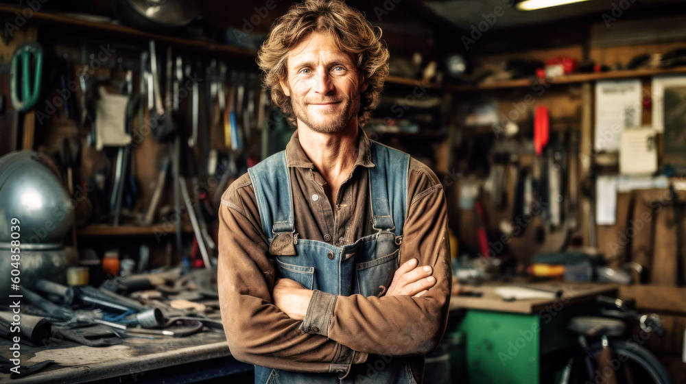 Handcraft, In his tool-filled garage, a joyous mechanic stands tall. His passion is mirrored in his smile, his hard work imprinted on his grease-marked uniform. Generative AI Handcraft, In his tool-filled garage, a joyous mechanic stands tall. His passion is mirrored in his smile, his hard work imprinted on his grease-marked uniform. Generative AI