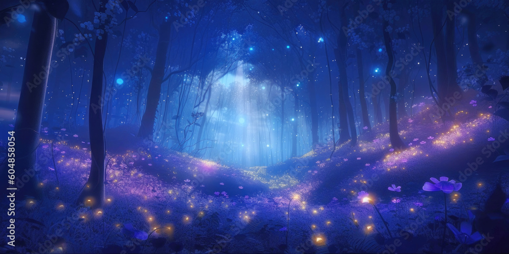 Moonlit blue forest filled with mystical lights, landscape panorama with dreamlike fantasy atmosphere
