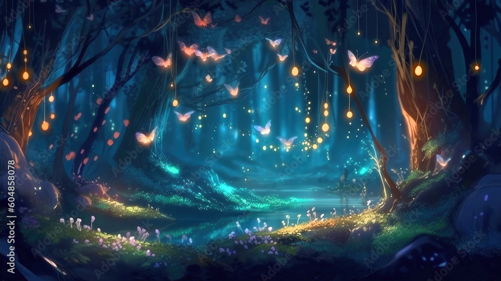 Butterflies dancing over a little creek in enchanted forest at night, fantasy landscape