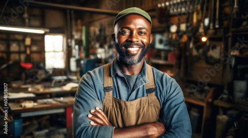 Handcraft, In his tool-filled garage, a joyous mechanic stands tall. His passion is mirrored in his smile, his hard work imprinted on his grease-marked uniform. Generative AI