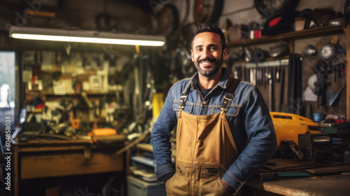 Handcraft, In his tool-filled garage, a joyous mechanic stands tall. His passion is mirrored in his smile, his hard work imprinted on his grease-marked uniform. Generative AI