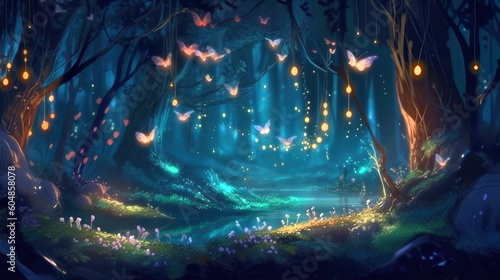 Butterflies dancing over a little creek in enchanted forest at night, fantasy landscape