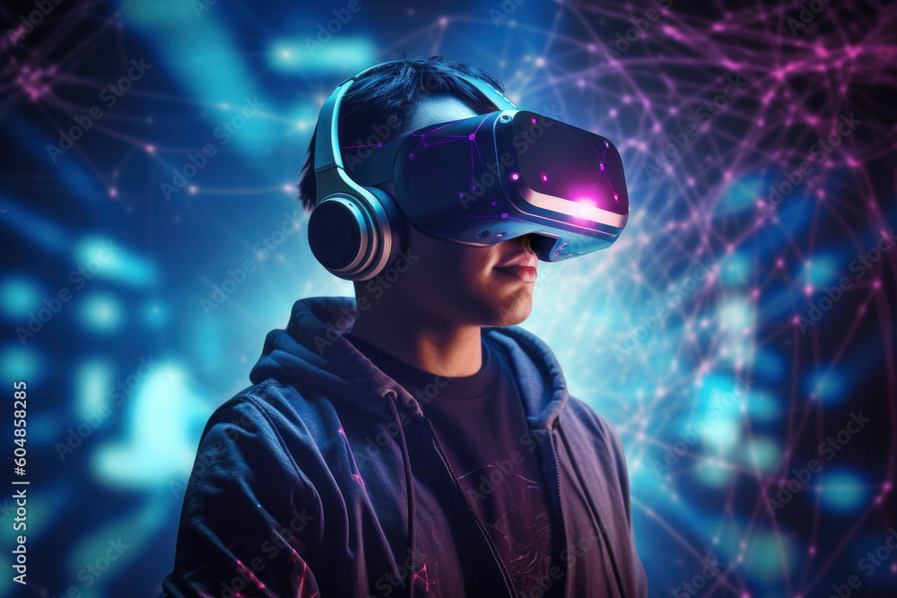 Teenager wearing VR headset, captivating virtual reality experience with glowing waves of data Teenager wearing VR headset, captivating virtual reality experience with glowing waves of data