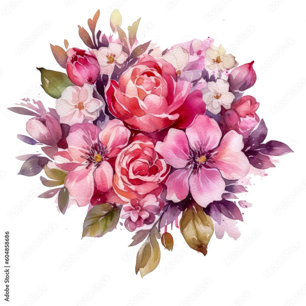 Watercolor Bouquet of Flowers Clipart - Pink, Blue, Orange, and Red Tones with Transparent Background Vibrant Colorful Spring Summer AI generated

