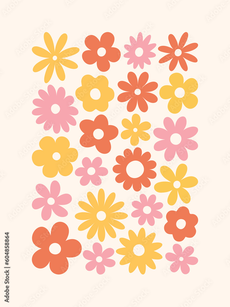Abstract retro floral poster. Trendy print with groovy daisy flowers. Vintage 70s style background. Colorful flat cartoon vector illustration.