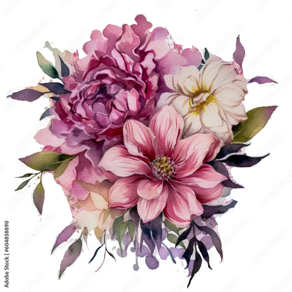 Obraz premium Watercolor Bouquet of Flowers Clipart - Pink, Blue, Orange, and Red Tones with Transparent Background AI generated 