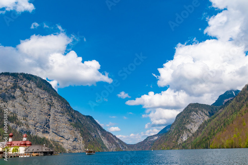 Majestic mountains of Lake Königssee with St. Bartholomä Church in Berchtesgaden National Par