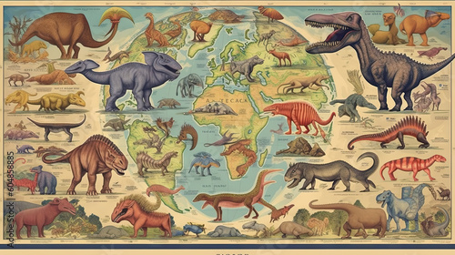 World map dinosaur age background. Generative AI. © AS Photo Family