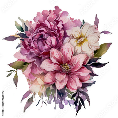 Watercolor Bouquet of Flowers Clipart - Pink, Blue, Orange, and Red Tones with Transparent Background AI generated
