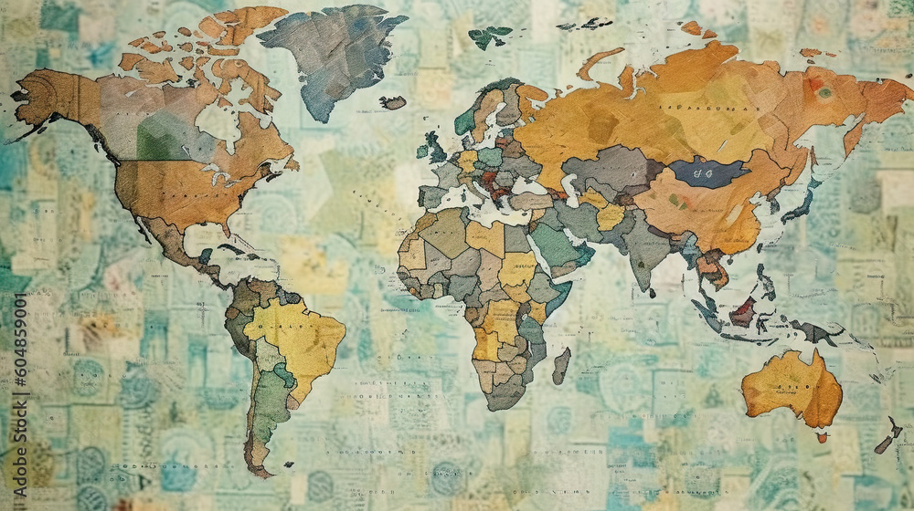 World map coins money background. Generative AI. World map coins money background. Generative AI.