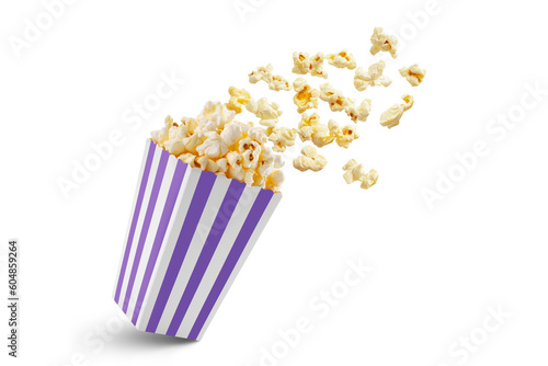 Popcorn flying out of purple white striped paper box isolated on white, transparent background, PNG, with copy space. Splash, levitation of popcorn grains.
