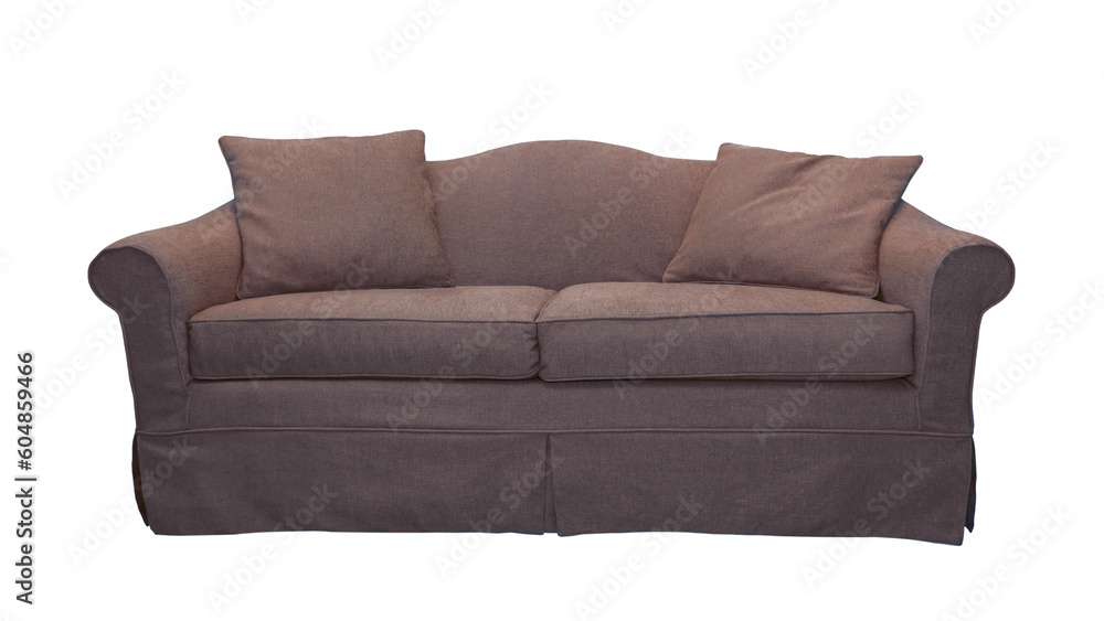 Brown sofa with two pillows isolated on white, transparent background, PNG. Classic english style two seater cushion couch with upholstery cover, front view Brown sofa with two pillows isolated on white, transparent background, PNG. Classic english style two seater cushion couch with upholstery cover, front view